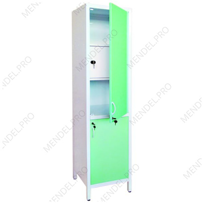 Шкаф медицинский металлический двухсекционный однодверный с дверками металл-металл и сейфом для медикаментов ШМ-1.300-"Айболит"
