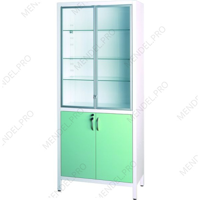 Шкаф медицинский металлический двухсекционный двухдверный с дверками металл-стекло для медикаментов ШМ-2.302-"Айболит"